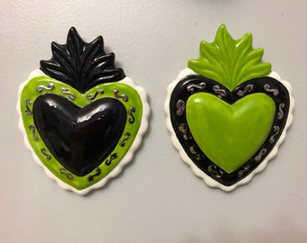 Green Black and Silver Sacred Heart Wall Plaque Hanging Art Handmade Hand Made OHIO USA Pottery Ceramics Tattoo