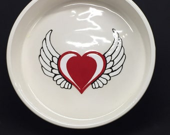 Single Medium Dog Pet Food Bowl Winged Heart Biker handmade hand made OHIO USA ceramic pottery tattoo dog