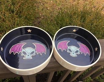 Set of 2 XL Large Dog Pet Food Bowls Black Skull Bat handmade hand made OHIO USA ceramic pottery tattoo cat dog