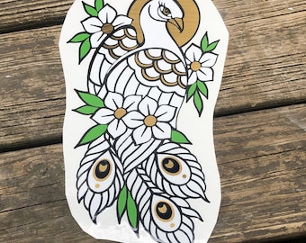 White and Silver Peacock Die Cut Layered Vinyl Sticker Decal (6.5 x 13 inches)