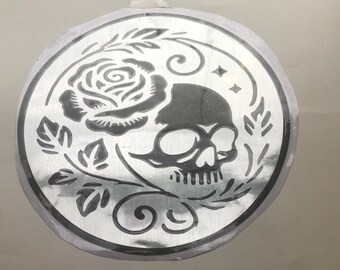 Metallic Silver Skull Rose Die Cut Layered Vinyl Sticker Decal (11 inches in diameter)