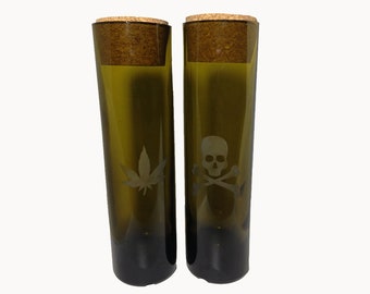 skinny green canister with cork weed leaf or skull and crossbones recycled bottle container pot stash box glass