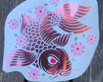 Metallic Pink Koi Fish Die Cut Layered Vinyl Sticker Decal (11.5 x 13.5 inches)