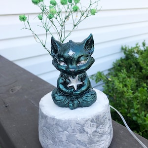 Sweet Green Celestial Meditating Fox on Mountain Top Statue with Tree and lights Figure Figurine ooak night light nightlight