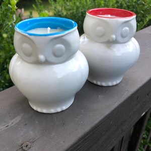 Puede incluir: Dos velas blancas de cerámica con forma de búho con bordes azules y rojos. Las velas están sobre una superficie de madera con un fondo verde. Las velas de búho tienen un acabado liso y brillante y un diseño sencillo y moderno.