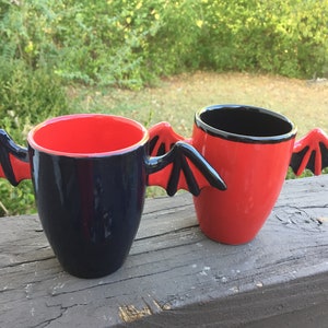 Set of 2 Little Bat Cups Red Black OHIO USA Handmade Hand Made Pottery Ceramics Tattoo Halloween Decorations