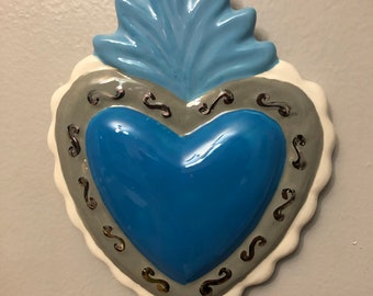 Blue Grey and Silver Sacred Heart Wall Plaque Hanging Art Handmade Hand Made OHIO USA Pottery Ceramics Tattoo