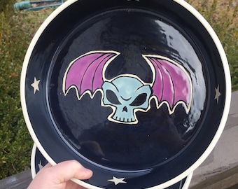 XL dog food bowls set, black skull bat ceramic, handmade pottery