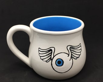 Flying Eyeball Coffee Cup Mug hand made handmade OHIO USA ceramic pottery tattoo flash