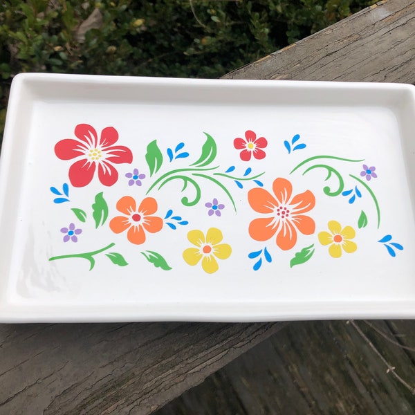 Rainbow Flowers Bandeja rodante de cerámica hecha a mano joyería hecha a mano cambiar bandeja tazón de llaves