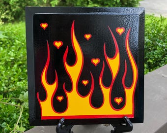 Rockabilly Flames Wall Art: Hot Rod Fire with Hearts