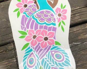 Colorful Peacock Die Cut Layered Vinyl Sticker Decal (6.5 x 13 inches)