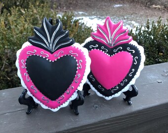 Handmade Sacred Heart Wall Plaque: Black & Pink Tattoo Pottery