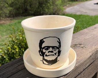 Frankenstein flower pot planter with drain dish ceramic handmade Columbus Ohio hand made decor Halloween