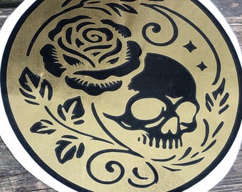 Metallic Gold Skull Rose Die Cut Layered Vinyl Sticker Decal (11 inches in diameter)