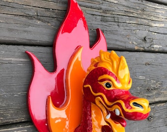 Large red and orange flames wall hanging with Japanese Dragon Head hand made handmade OHIO USA