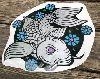Metallic Silver Blue Koi Fish Layered Vinyl Sticker Decal (11.5 x 13.5 inches)