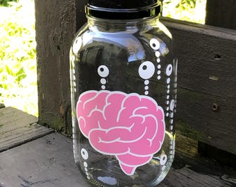 Glass jar with brain decal, science-inspired storage container, lab aesthetic canister with ventilated lid