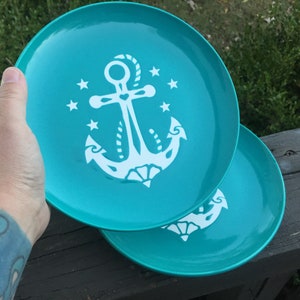 Set of 2 Lunch Plates Turquoise Anchor handmade hand made OHIO USA ceramic pottery Navy Nautical Sailor