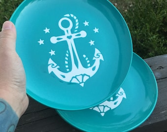 Set of 2 Lunch Plates Turquoise Anchor handmade hand made OHIO USA ceramic pottery Navy Nautical Sailor