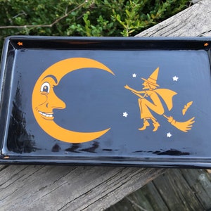 Black and Orange Halloween Moon Witch Ceramic Rolling Tray handmade hand made jewelry change tray key bowl