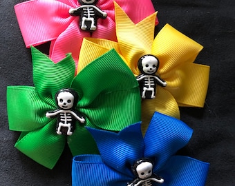Rainbow Skeleton Hair Bow Clips: Goth Rockabilly Barrette (Set of 4)