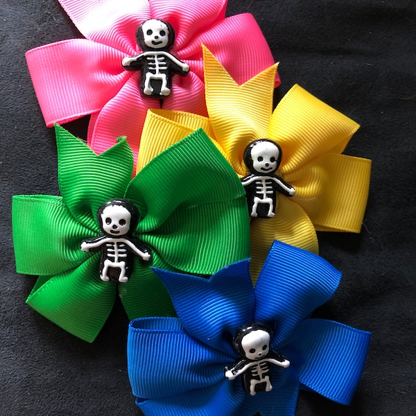 4 bright rainbow skeletons hair bow clips goth punk rockabilly psychobilly horror pin up accessory barrette