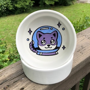 Paarse en blauwe Space Puppy Small Pet Food Bowls handgemaakte handgemaakte OHIO USA keramische aardewerk tattoo kat hond