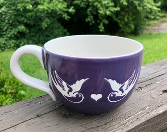 Purple Swallows Sparrows with Heart Coffee Cup Mug handmade hand made pottery ceramics tattoo