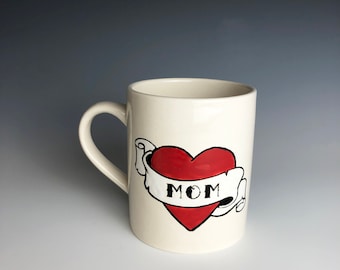 Mothers Day red heart banner tattoo coffee cup handmade hand made ceramic pottery tattoo OHIO USA