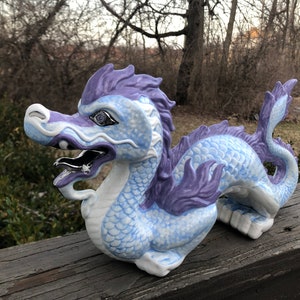 Purple and Blue Asian Japanese Dragon With Silver Tongue Sculpture handmade hand made OHIO USA ceramic pottery tattoo