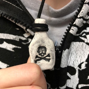Skull Crossbones Poison Bottle Necklace ceramic pottery goth punk jewelry