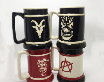 Beer Stein Pub Mug Dragon Anarchy Goat Head Skull handmade hand made ohio usa pottery ceramics