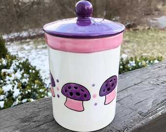 Handmade Pink & Purple Mushroom Ceramic Canister Jar (4 3/4" H)