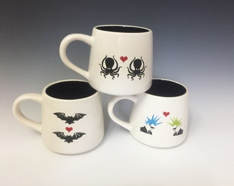 Octopus Bats or Punk Rockers Valentines Day coffee mug cup ohio usa handmade hand made pottery ceramics tattoo halloween