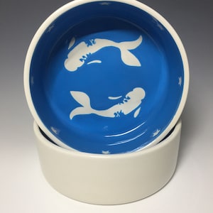 Blue Japanese Koi Fish Small Pet Food Bowls handmade hand made OHIO USA ceramic pottery tattoo cat dog