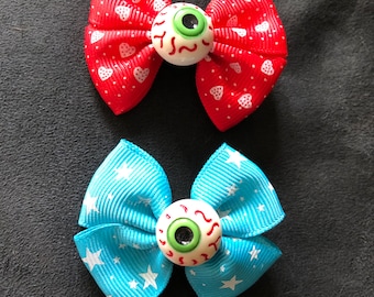 two eyeball hair bow clips rockabilly psychobilly red hearts and blue stars accessory barrette