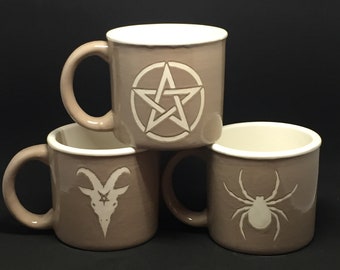 Grey Pentacle Goat Head or Spider Coffee Cup Mug Ceramic Pottery Hand Made OHIO USA