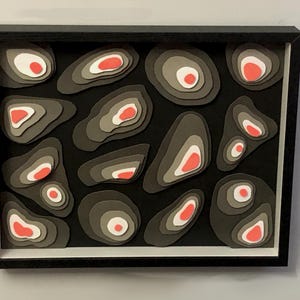 May include: A framed artwork with layered paper cutouts in grey, white, and red against a black backdrop. The piece is in a black frame, creating a modern, minimalist look. The organic shapes resemble topographical forms. The artwork is suitable for home decor.