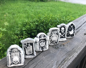 Handmade Tiny Pottery Tombstones - Set of 6 - Cemetery Grave Markers