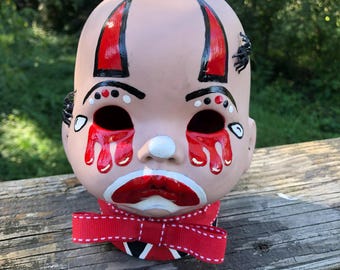 Creepy Clown Baby Night Light, Handmade Porcelain Baby Head, Weird Nursery Decor, Gothic Home Decor, Horror Art, Kitsch Gift