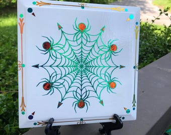 Color Changing Spiderweb Wall Art: Metallic Spiders, OOAK Decor