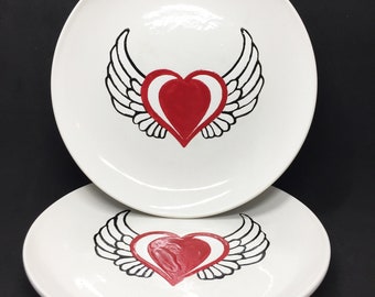 Set of 2 Winged Heart Lunch Plates handmade hand made OHIO USA ceramic pottery tattoo