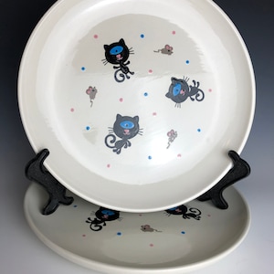 Set of 2 Dinner Plates Cyclops Space Cat handmade hand made OHIO USA ceramic pottery