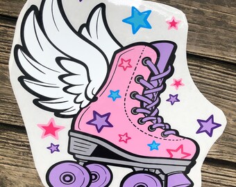 Winged Roller Skates Die Cut Layered Vinyl Sticker Decal (11 x 12.75 inches)