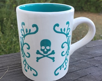 Small 10 oz Coffee Cup Mug Turquoise Skull Tattoo Pottery Ceramics ohio usa Hand Made Handmade
