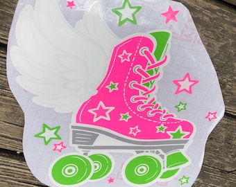 Neon Winged Roller Skates Die Cut Layered Vinyl Sticker Decal (11 x 12.75 inches)