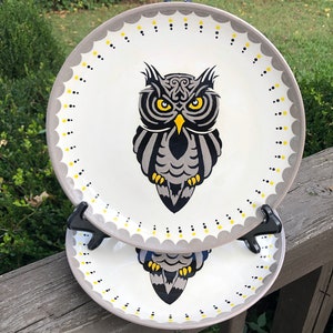 Set of 2 Dinner Plates Grey Black Owl handmade hand made OHIO USA ceramic pottery