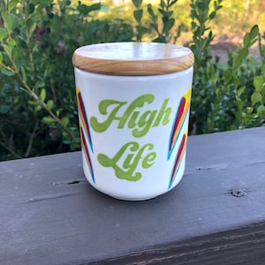 Handmade "High Life" Ceramic Stash Jar with Wood Lid