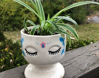 Pretty girl Blue Koi Fish head face planter with spider plant handmade hand made pottery fun hair columbus ohio